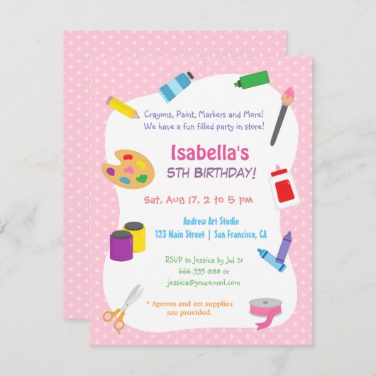 水玉模様アーツ&クラフツ子供の誕生日パーティー 招待状 (正面/裏面)