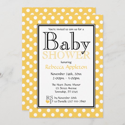 水玉模様イエローベビーシャワー招待状 招待状 (正面/裏面)