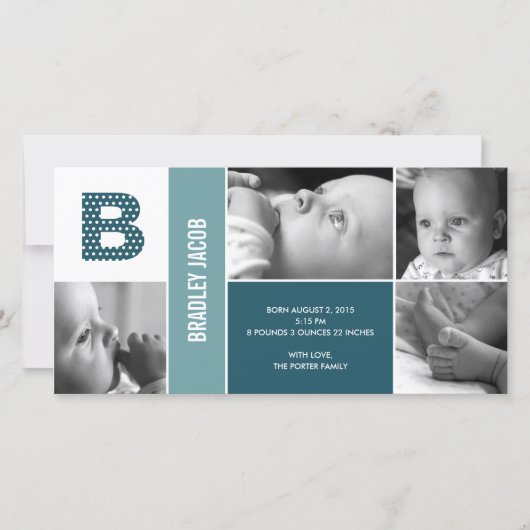水玉模様イニシャルベビー誕生発表 案内状 (正面)