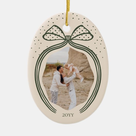 水玉模様エレガントクリスマスボウフォトキープサケ セラミックオーナメント (正面)