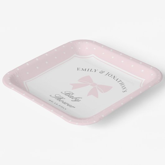 水玉模様エレガントベビーピンクボウガールベビーシャワー ペーパープレート (傾斜あり)