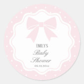 水玉模様エレガントベビーピンクボウベビーガールシャワー ラウンドシール (正面)