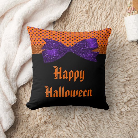 水玉模様オレンジ紫色の黒いハロウィン クッション (ブランケット)