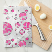 水玉模様カウピンクとホワイト キッチンタオル (四つ折り)