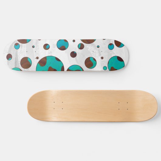 水玉模様カウブラウンおよびティール(緑がかった色)プリント スケートボード (横)
