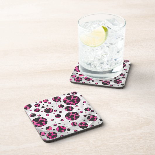 水玉模様カウホットピンクとブラックプリント コースター (右側)