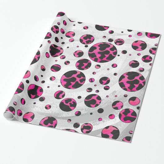 水玉模様カウホットピンクとブラックプリント ラッピングペーパー (アンロールド)