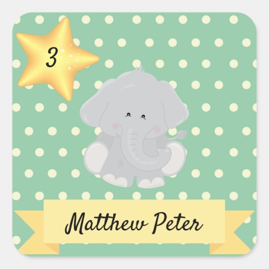 水玉模様カスタム象（名前と年齢あり） スクエアシール (正面)