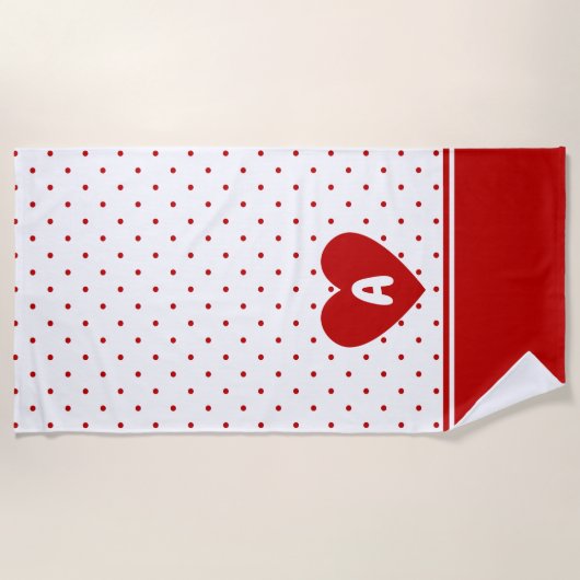 水玉模様カスタム赤白背景モノグラム ビーチタオル (正面)