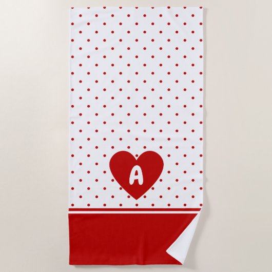 水玉模様カスタム赤白背景モノグラム ビーチタオル (正面)