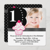 水玉模様カップケーキガールズ写真1st誕生日パーティー 招待状 (正面/裏面)