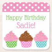 水玉模様カップケーキパーソナライズされた紙コースター スクエアペーパーコースター (正面)