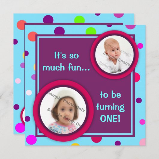 水玉模様カラフルの写真誕生会 招待状 (正面/裏面)