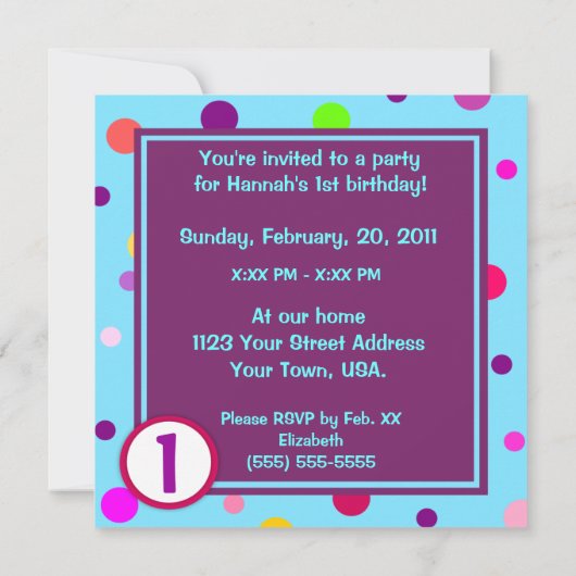 水玉模様カラフルの写真誕生会 招待状 (裏面)