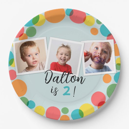 水玉模様カラフルボーイズ写真誕生日 ペーパープレート (正面)