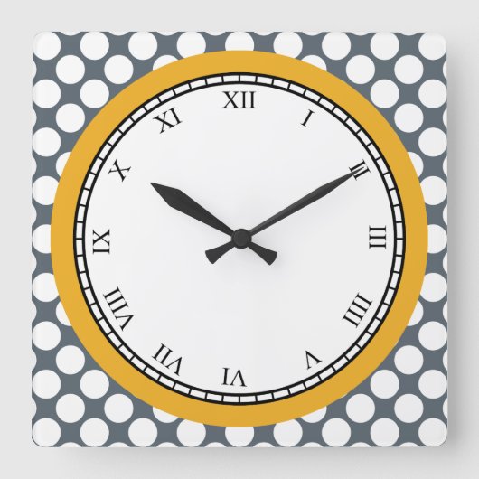 水玉模様カラフルローマ数字(任意の色の白) スクエア壁時計 (正面)