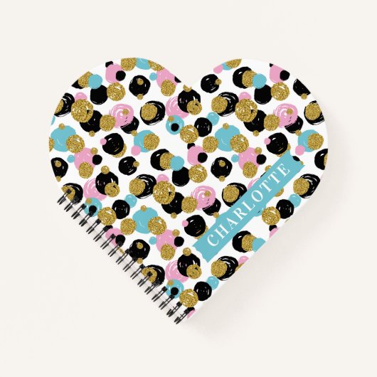 水玉模様カラフル金ゴールドグリッター名前をカスタムするガールズ ノートブック (正面)