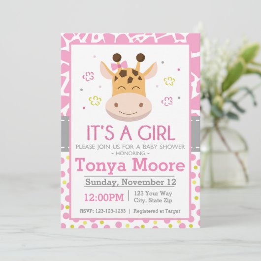 水玉模様キリンベビーシャワー招待状(少女) 招待状 (スタンド正面)