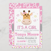 水玉模様キリンベビーシャワー招待状（少女） 招待状 (正面/裏面)