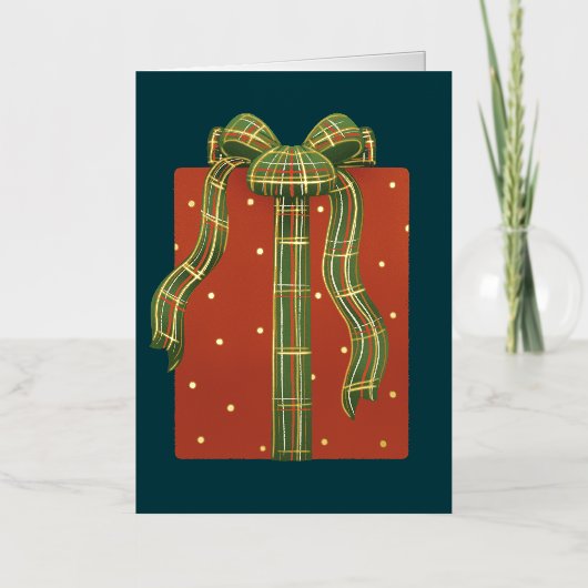 水玉模様ギフトボックス格子縞リボン 箔シーズンカード (正面)