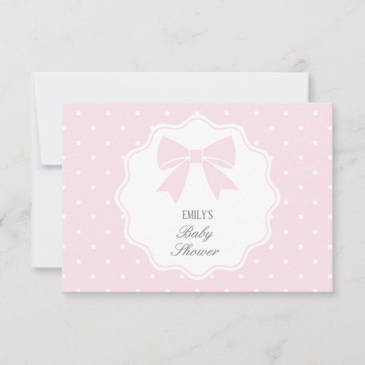 水玉模様クラシックベビーピンクボウガールベビーシャワー サンキューカード (正面)