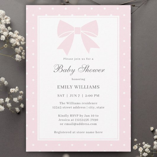 水玉模様クラシックベビーピンクボウガールベビーシャワー 招待状