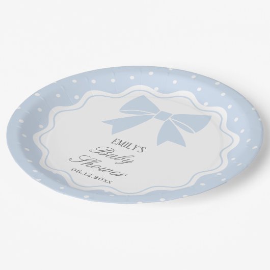 水玉模様クラシックベビーブルーボウボーイベビーシャワー ペーパープレート (アングル)