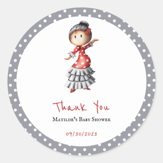 水玉模様グレーホワイトフラメンコセビラナダンサー ラウンドシール (正面)