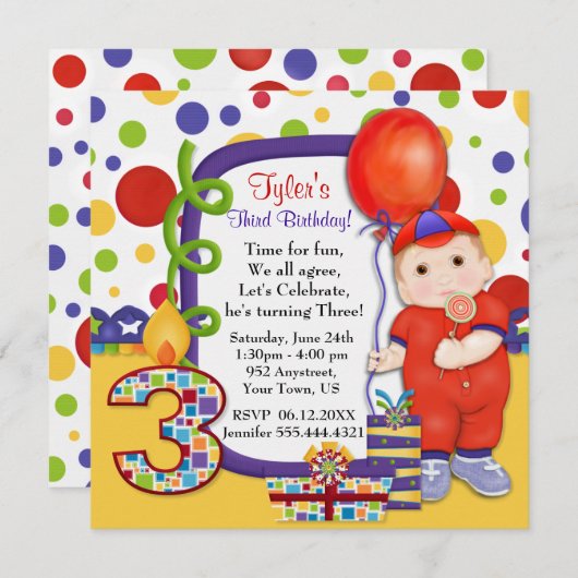 水玉模様サーカス第3誕生日 招待状 (正面/裏面)