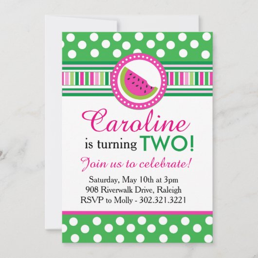水玉模様スイカパーティの招待状（ピンク/緑） 招待状 (正面)