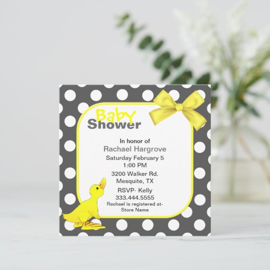 水玉模様スタイリッシュ&ダッキー（アヒルちゃん）ベビーシャワー招待状 招待状 (スタンド正面)