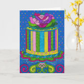 水玉模様ストライプとお誕生日ケーキカード カード (黄色い花)