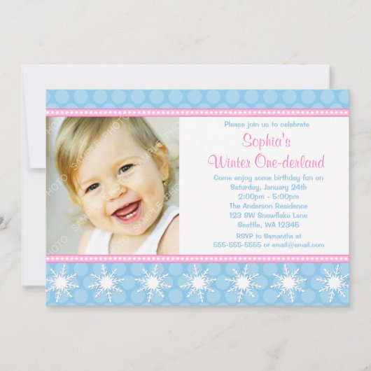 水玉模様スノーフレークスウィンターワンダーランド誕生日 招待状 (正面)