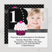 水玉模様ゼブラカップケーキガールズ写真1st Birthday P 招待状 (正面/裏面)