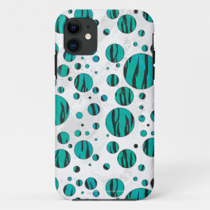 水玉模様タイガーブラックとティール(緑がかった色)プリント iPhone 11 ケース