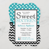 水玉模様ターコイズとシェブロンSweet sixteen 招待状 (正面/裏面)