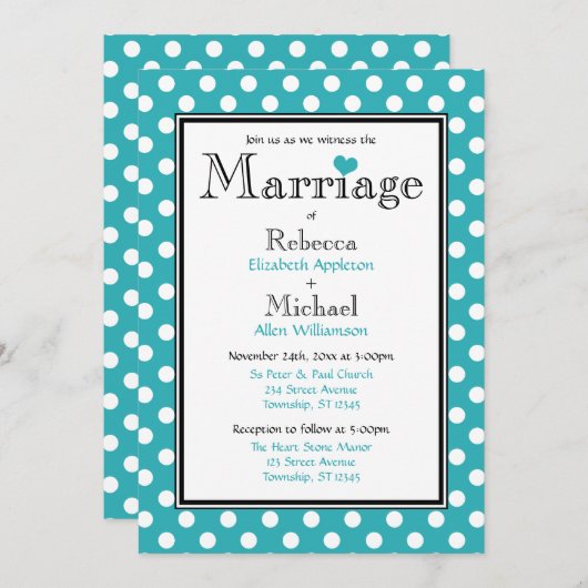 水玉模様ターコイズ結婚式招待状 招待状 (正面/裏面)
