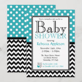 水玉模様ターコイズ&シェブロンベイビーシャワー 招待状 (正面/裏面)
