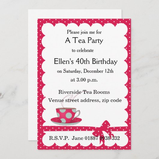 水玉模様ティーパーティの招待状 招待状 (正面/裏面)