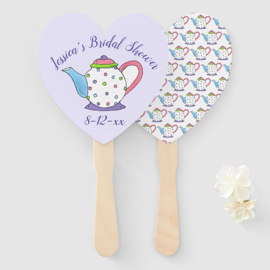 水玉模様ティーポットアフタヌーンティーブライダルシャワーのお願い ハンドファン (正面&裏面)