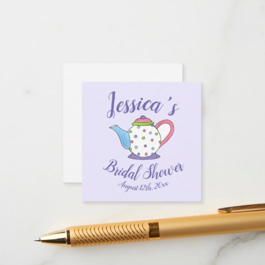 水玉模様ティーポットアフタヌーンティーブライダルベビーシャワー エンクロージャーカード (正面/裏面インサイチュ)
