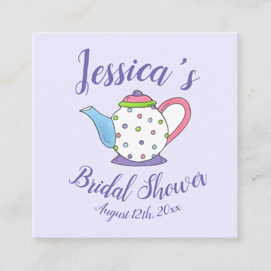 水玉模様ティーポットアフタヌーンティーブライダルベビーシャワー エンクロージャーカード (正面)