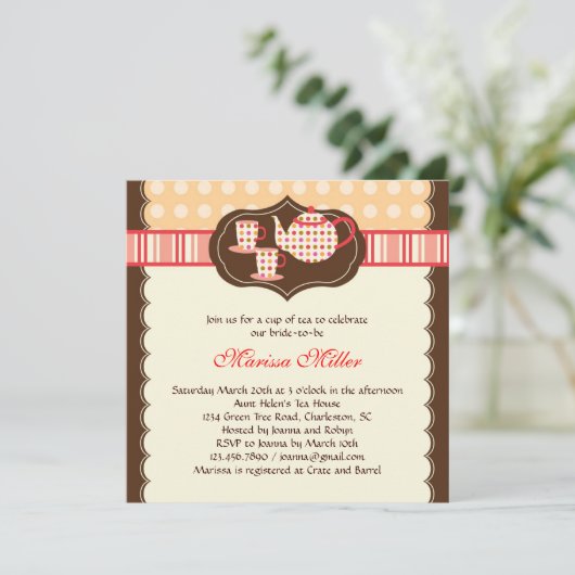 水玉模様ティーポットブライダルシャワー招待状 招待状 (スタンド正面)