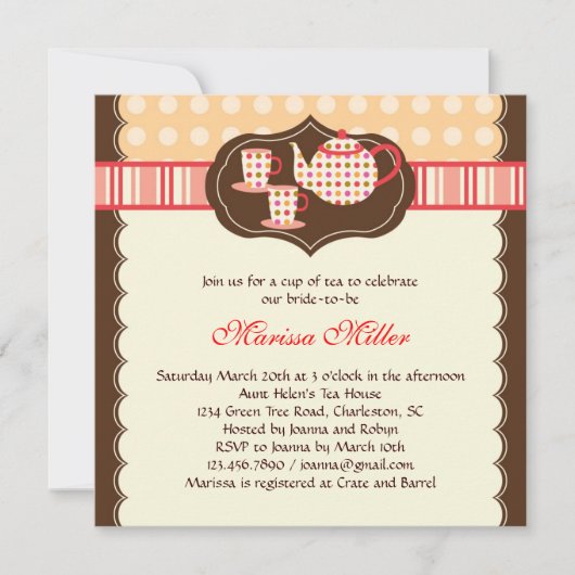 水玉模様ティーポットブライダルシャワー招待状 招待状 (正面)