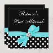水玉模様ティール(緑がかった色)ブルーブラックボウハートバルミツワー 招待状 (正面/裏面)