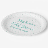 水玉模様ティール（緑がかった色）ブルーホワイトボーイガールベビーシャワー ペーパープレート (アングル)