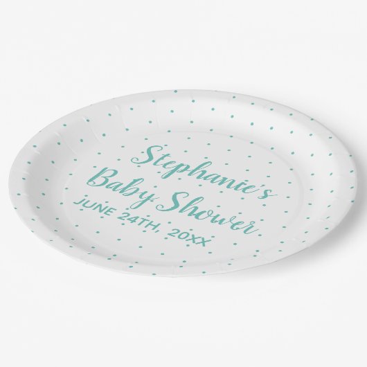水玉模様ティール（緑がかった色）ブルーホワイトボーイガールベビーシャワー ペーパープレート (アングル)