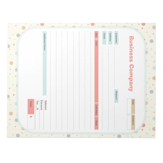 水玉模様テーマ受注型枠および請求書メモ帳 ノートパッド (正面)