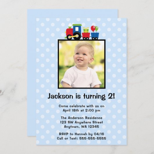 水玉模様トレイン誕生日ボーイフォト招待状 招待状 (正面/裏面)