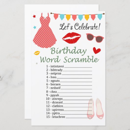 水玉模様ドレス誕生日ワードスクランブルゲーム (正面/裏面)